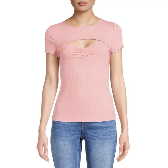 NOBO Tops - NWT NOBO Junior’s Sz XLarge Pink Round Neck Short Sleeve Ribbed Sweetheart Top